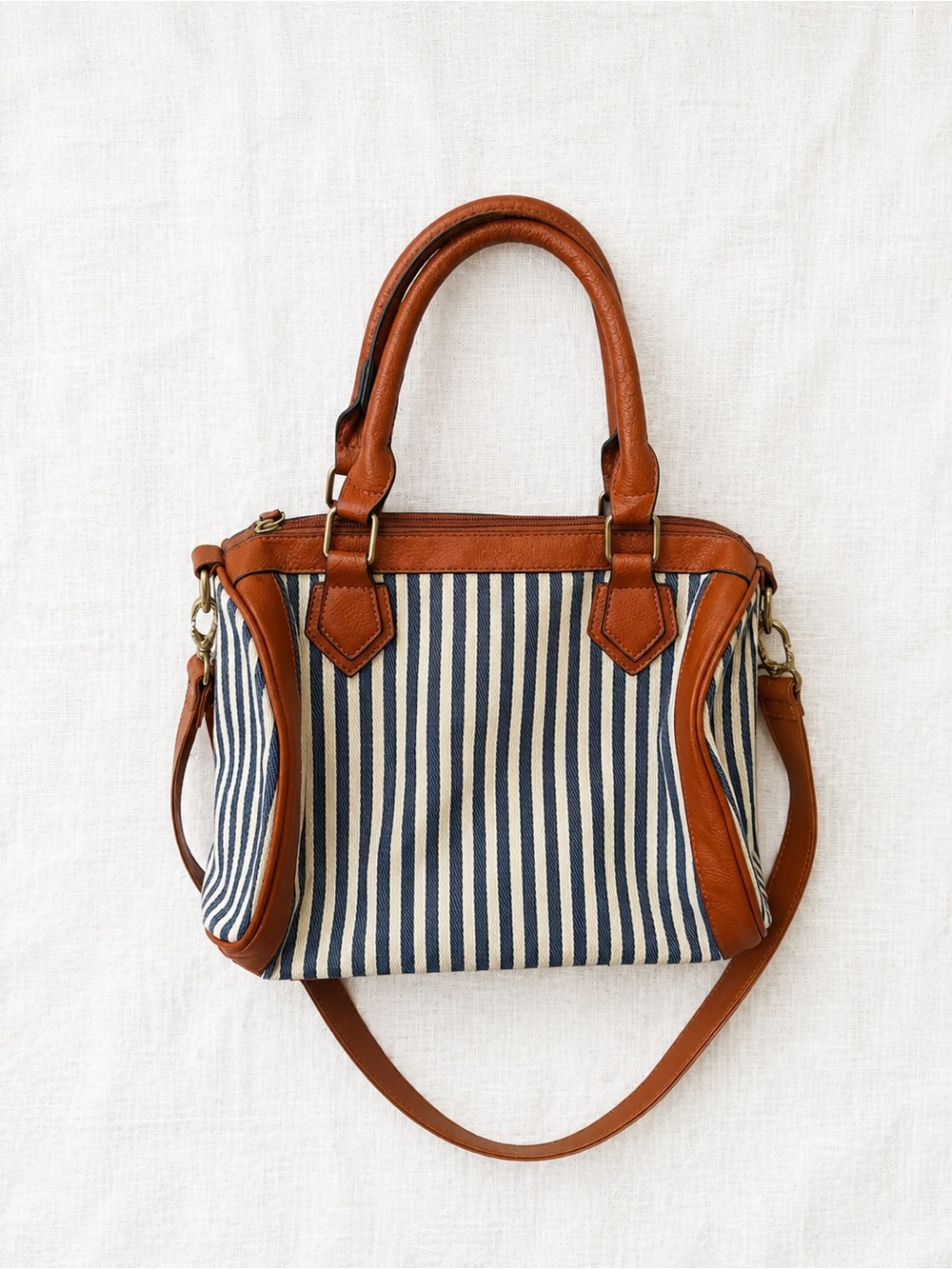 Bijou Brigitte Navy Cream Striped Satchel Crossbody Bag Cognac Brown